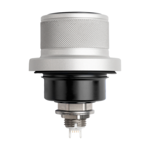 HAPTICORE 34-P002X3 high-performance rotary haptic actuator with a mounted metal cover. The actuator features a reinforced metal shaft and a metal outer casing, making it the perfect choice for heavy-duty applications such as industrial machinery.
