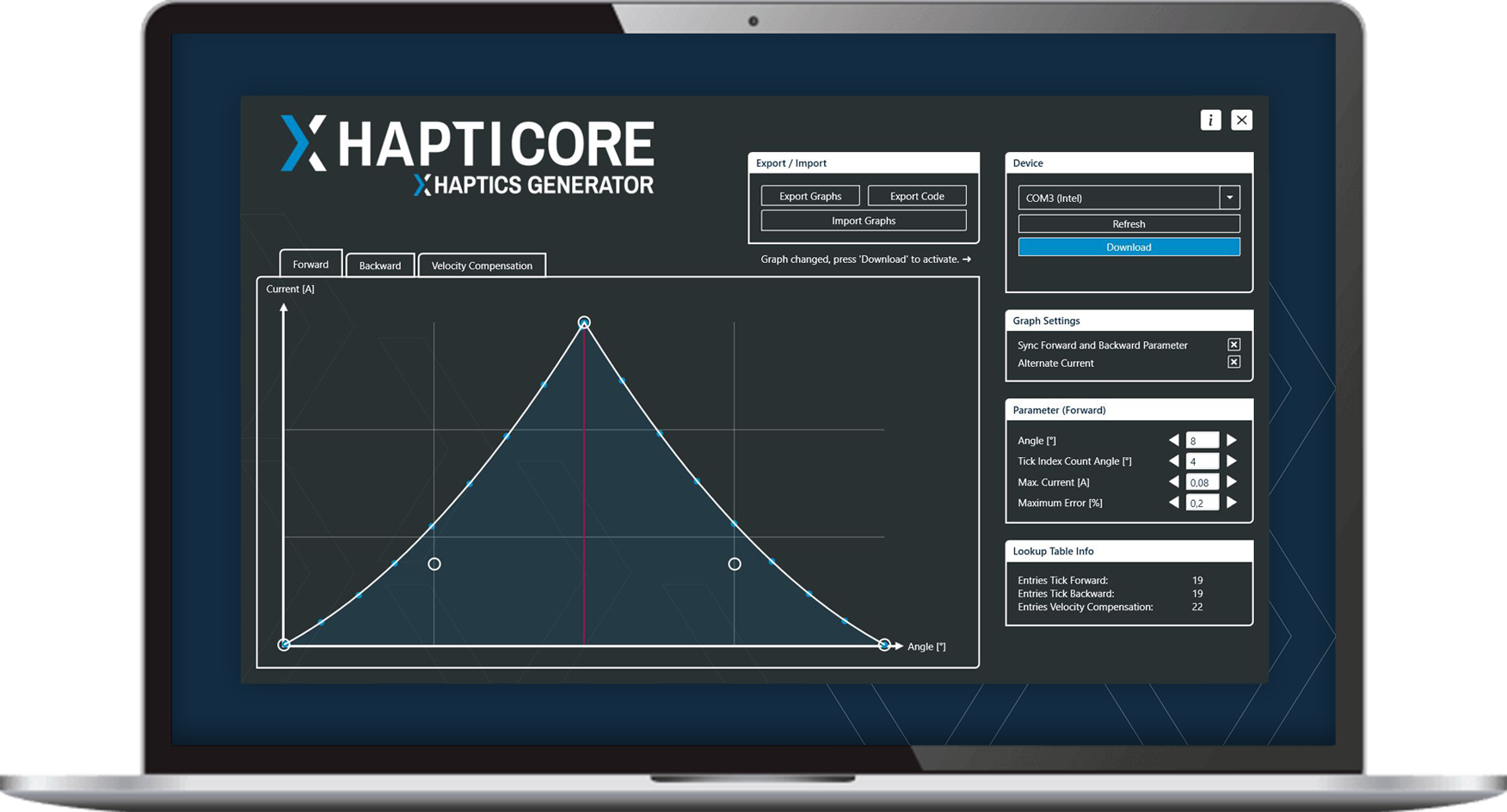 Illustration of a notebook running the HAPTICORE Haptics Generator software, which graphically displays haptic feedback and allows the user to customize tactile feedback by moving points.