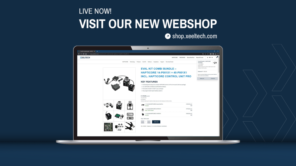 Banner image showing a notebook with the new HAPTICORE Eval Kit webshop open. Here customers can compare and order all Eval Kits of our rotary haptic actuator online.