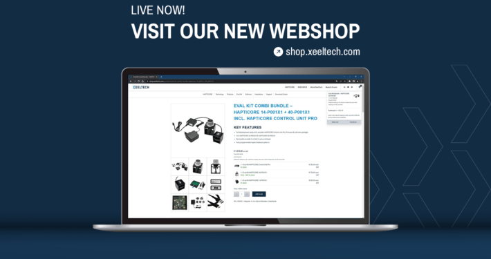 Banner image showing a notebook with the new HAPTICORE Eval Kit webshop open. Here customers can compare and order all Eval Kits of our rotary haptic actuator online.