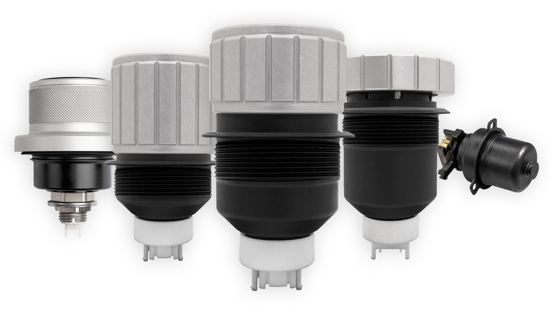 Image of the HAPTICORE product portfolio, our rotary haptic actuators with freely programmable haptic feedback. From left to right: HAPTICORE 40-P001X1, HAPTICORE 34-P001X3, HAPTICORE 34-P001X2, HAPTICORE 34-P001X1, and the HAPTICORE 14-P001X1, our smallest haptic actuator.