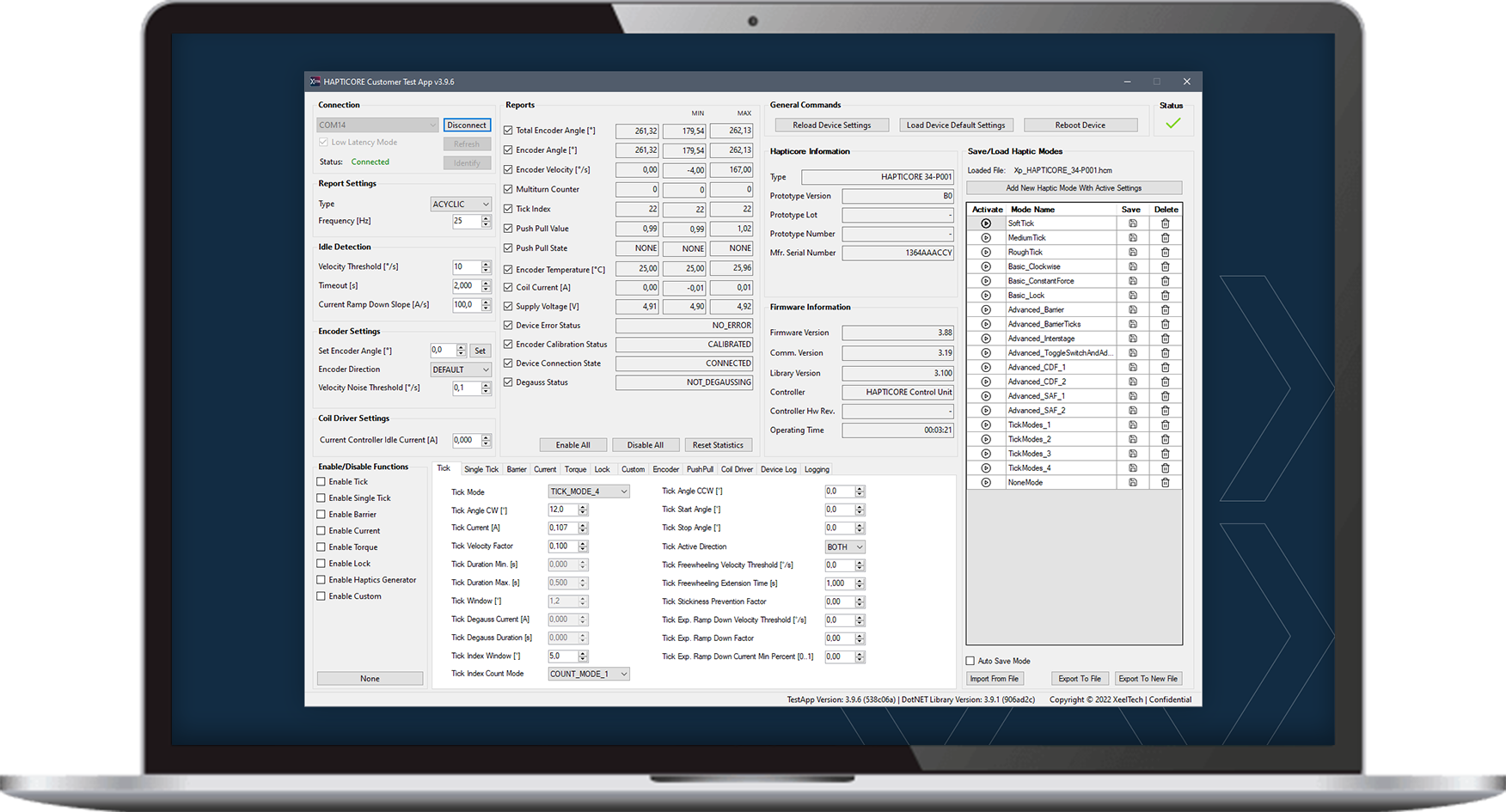 Notebook, running the HAPTICORE Customer Test App, our comprehensive design tool to adjust all parameters of the freely programmable haptic feedback of your rotary haptic actuator.