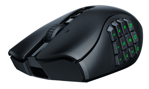 Rendered image of the new Razer Naga V2 Pro with HyperScroll Pro Wheel and customizable scroll wheel haptics powered by XeelTech. The mouse is equipped with a snap-on 12-button side plate for MMO gaming.