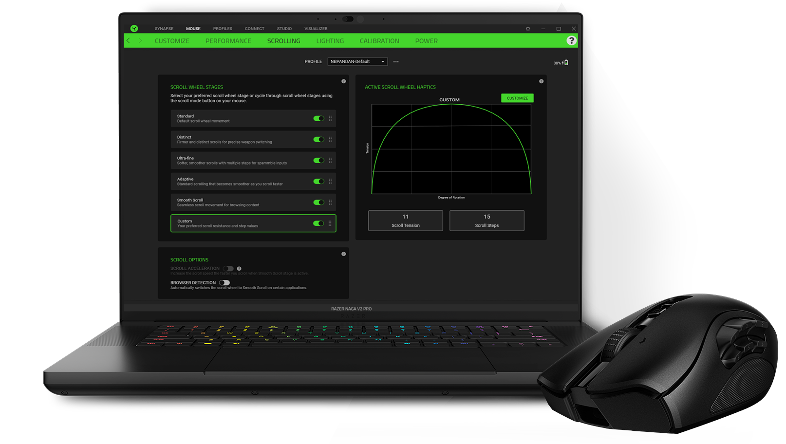 he illustration shows the Razer Naga V2 Pro with HyperScroll Pro Wheel powered by XeelTech, as well as a notebook with Razer's Synapse software to customize the haptic feedback of the scroll wheel.