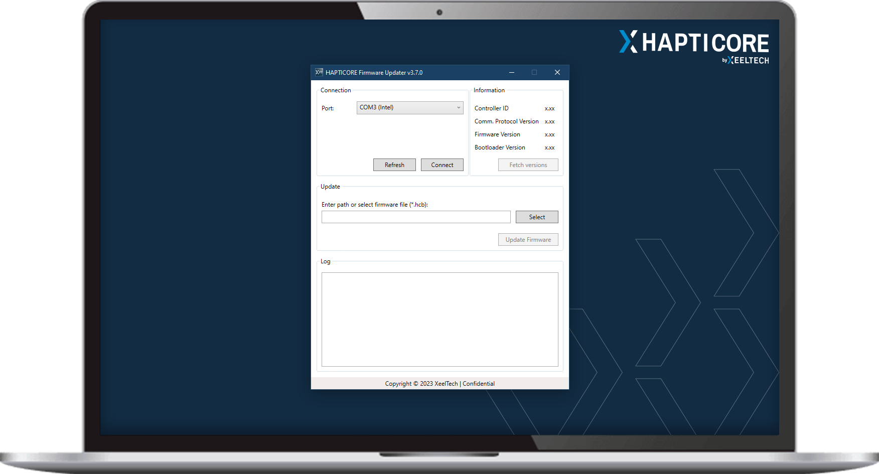 Notebook running the HAPTICORE Firmware Update Tool to update the Eval Kit firmware.